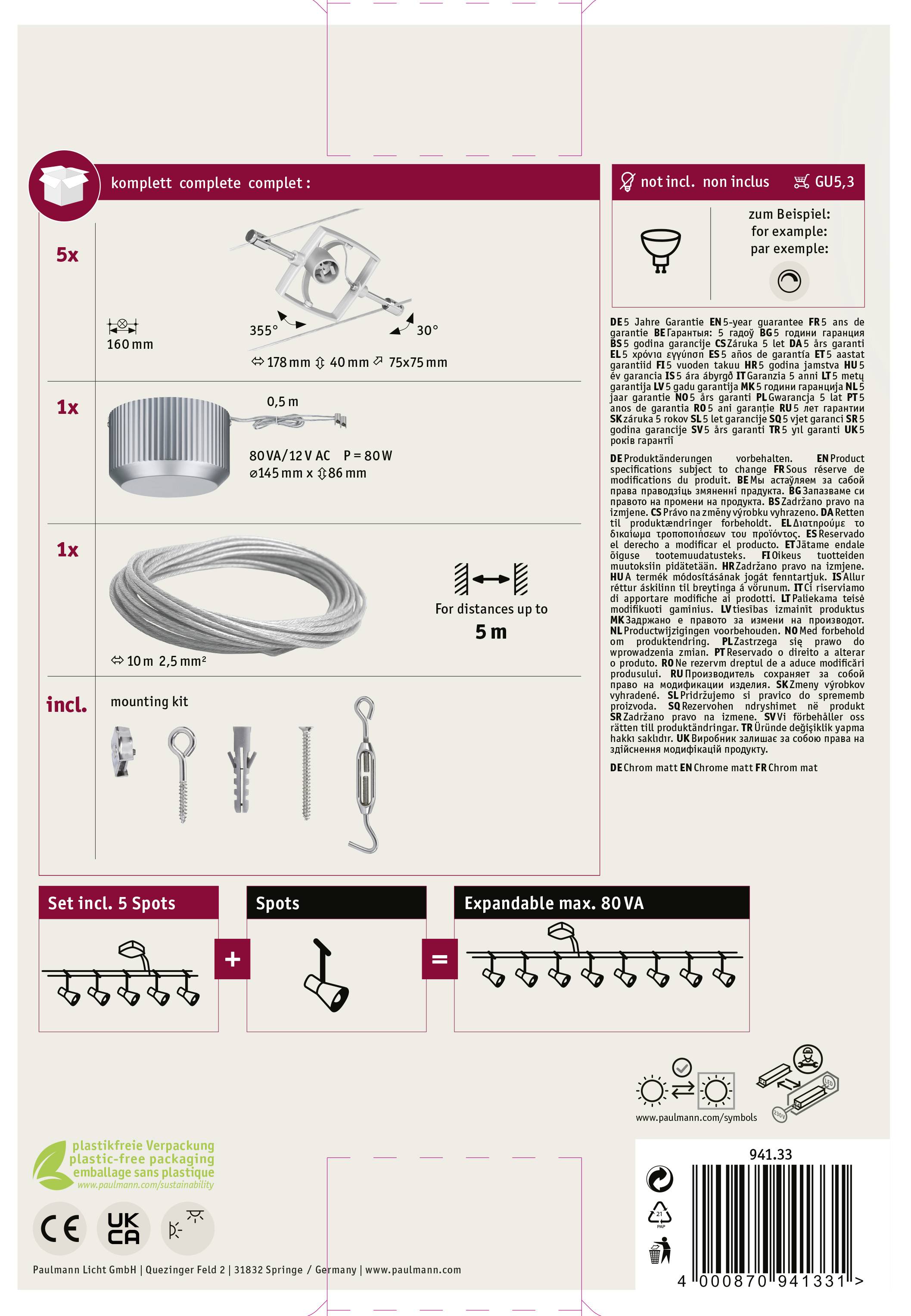 A packaging with instructions for installing a lighting system. Contains 5 spotlights, a power supply, 10m of cable and mounting materials. GU5.3 lamps not included.