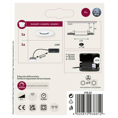 Product Packaging for LED Recessed Spotlight with Dimming. Shows dimensions, voltage (230V), protection class (IP65) and click connection. Includes barcode and manufacturer information.