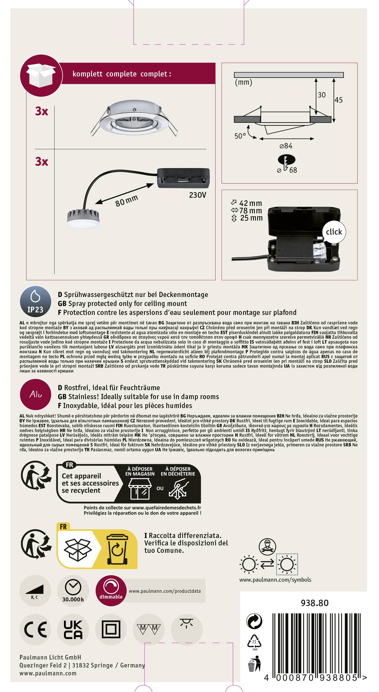 Paulmann 93880 Coin Slim LED recessed light 3-piece set LED (monochrome) Built-in LED 6 W Chrome-2
