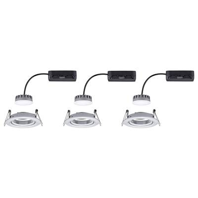 'Three LED ceiling spotlights with black connection boxes and silver recessed frames, designed for a modern lighting installation.'