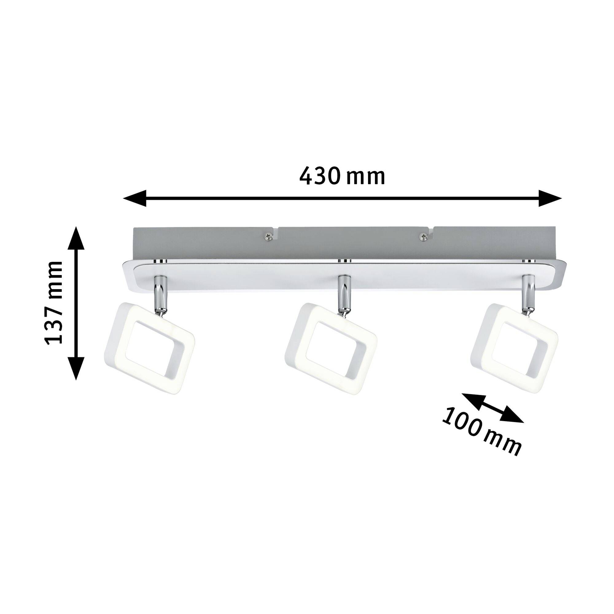 Ceiling light with three adjustable LED square spotlights, total width 430 mm. Spotlight dimensions: 137 mm high, 100 mm deep.