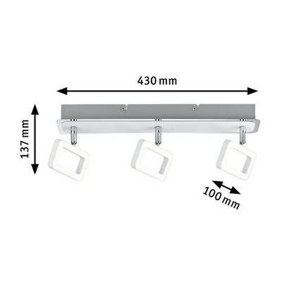 Ceiling light with three adjustable LED square spotlights, total width 430 mm. Spotlight dimensions: 137 mm high, 100 mm deep.