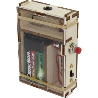 A wooden box with visible electronics, including a 9V battery compartment and a red toggle switch on the side.