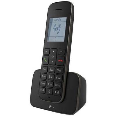 Cordless landline telephone on charging base, display showing 'Calls', buttons for answering and ending calls visible, black casing.