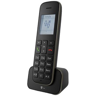 Cordless landline telephone on charging dock, display showing 'Calls', with keypad for number input and function buttons.
