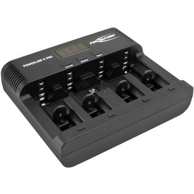 Charger with the inscription 'POWERLINE 5 PRO', showing four charging slots for AA or AAA batteries. LCD display and control buttons visible.