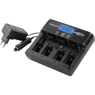 'Battery charger with five charging slots and a digital display, alongside a power adapter and a car adapter.'