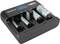 Battery charger with five slots for various battery sizes, including AA, AAA, C, D and 9V batteries, on a black base.