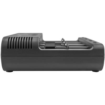 A black battery charger, photographed from the side, with two visible charging slots.