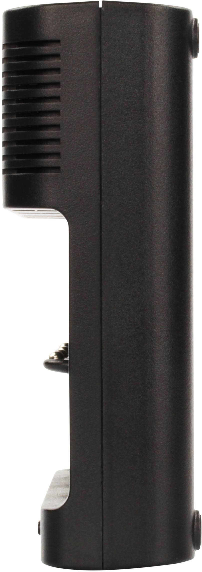 Side view of a black, rectangular device with ventilation slots and mounting screws, possibly a piece of technical equipment.