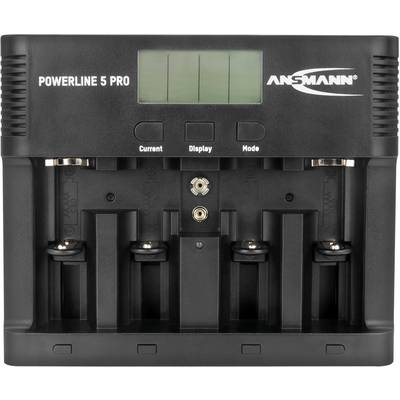 Charger with four slots for AA/AAA batteries. LCD display at the top, with power, display, and mode buttons underneath.