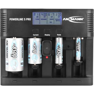 'ANSMANN Powerline 5 Pro Charger with four AA batteries and LCD display. Various charging and discharging modes.'
