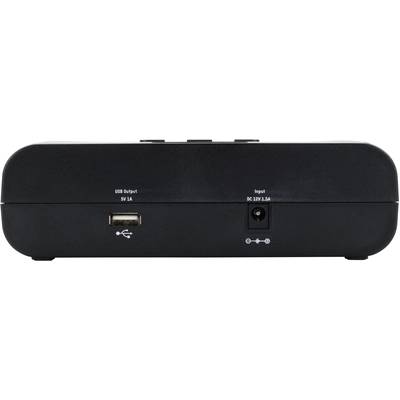 Rear view of a black device with a USB port, power connection (DC IN 3A), and power supply symbols.