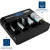 A battery charger with five slots, filled with various rechargeable batteries and a USB port.
