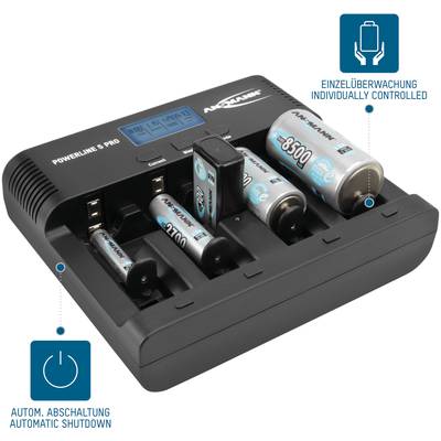 A battery charger charges various batteries simultaneously. It has a display and features such as 'individual monitoring' and 'automatic cut-off'.