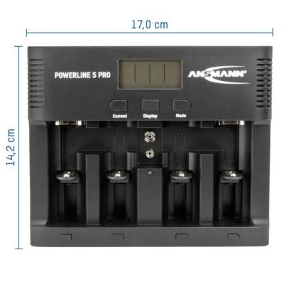 Charger 'Powerline 5 Pro' with LCD display, four charging slots, and control buttons, 17 cm x 14.2 cm.
