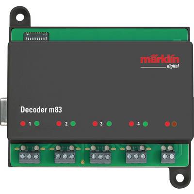 A black Märklin Digital m83 decoder, with a green circuit board and five LEDs on the front, numbered from 1 to 4.