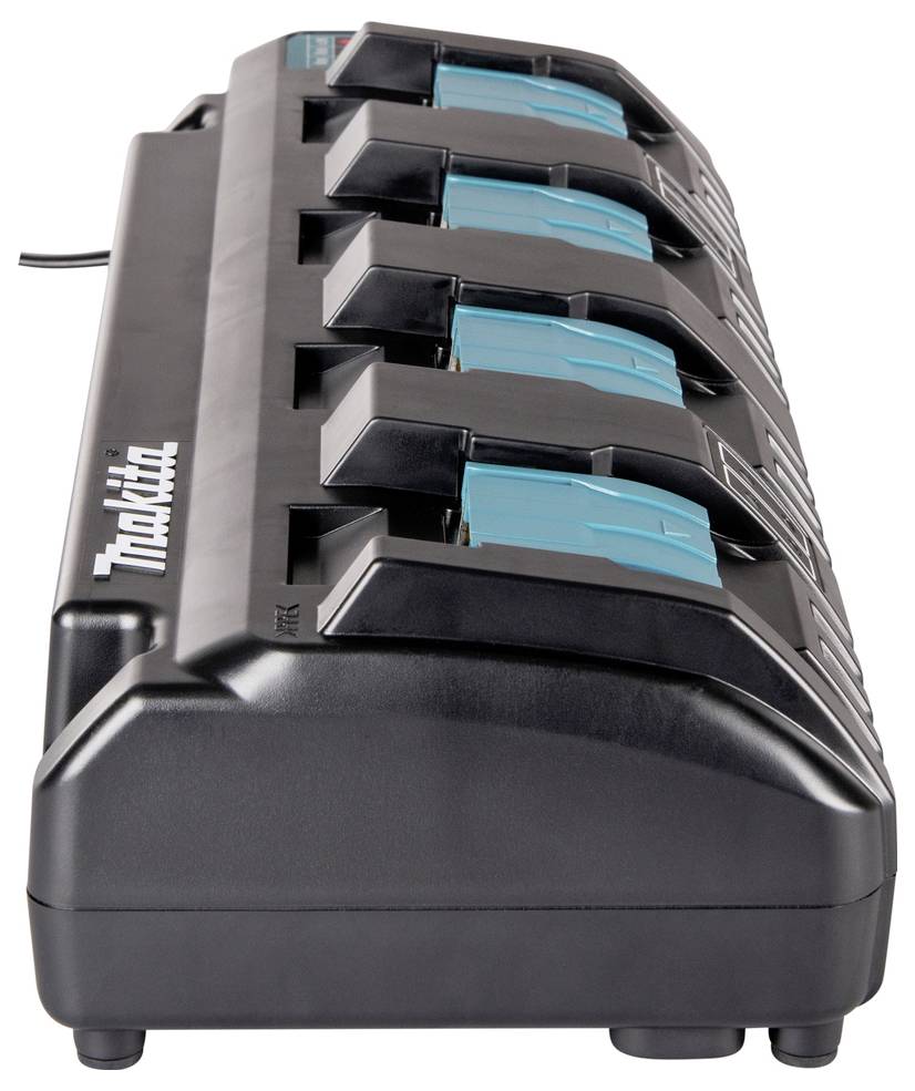 Multi-battery charger, black with blue details. Suitable for simultaneously charging multiple tools.