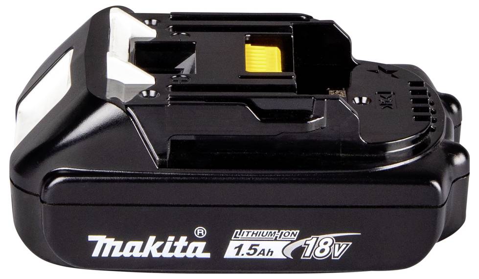 A black Makita 18V lithium-ion battery with a yellow charging port, labeled with '1.5Ah'.