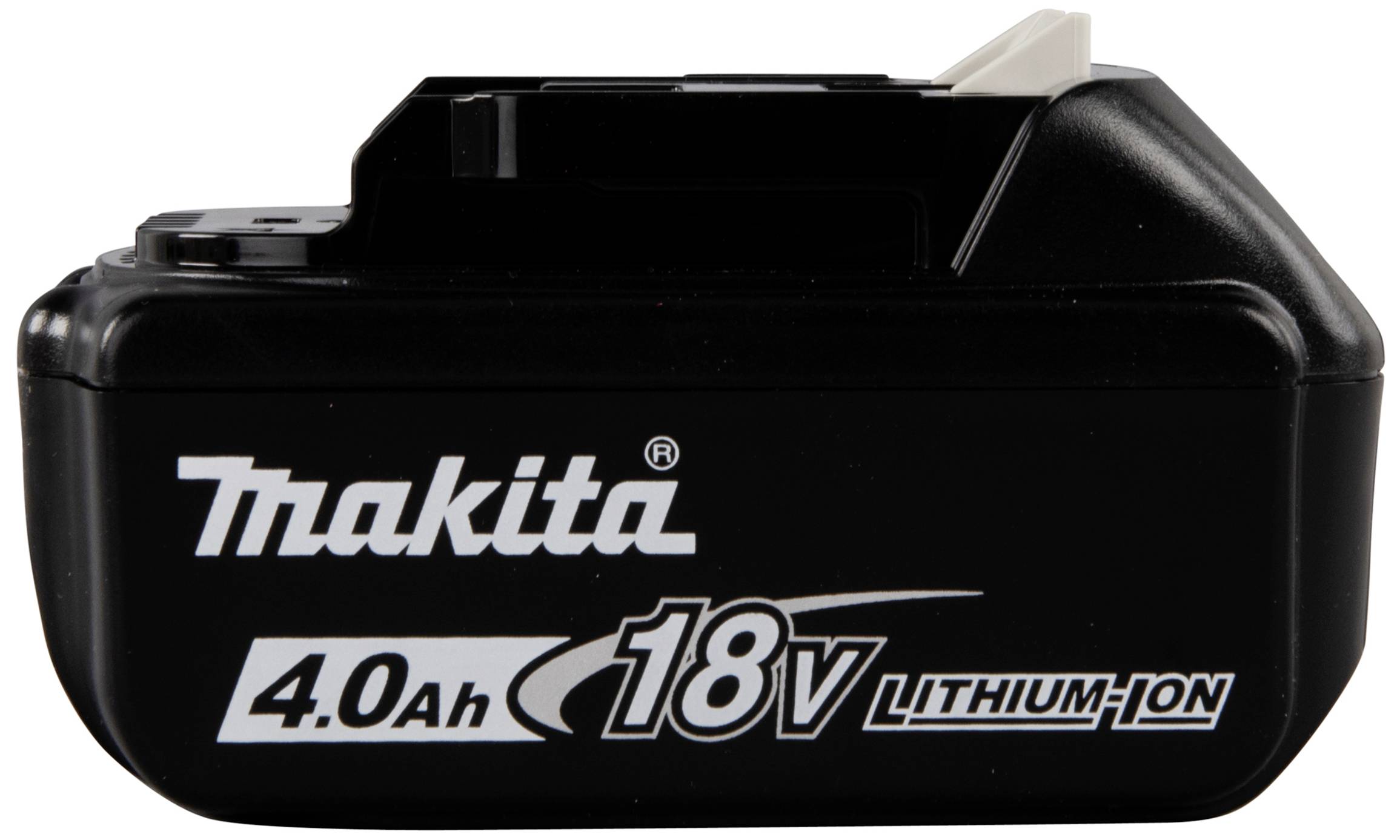 Makita 18V Lithium-Ion Battery with 4.0 Ah Capacity, Black Housing.