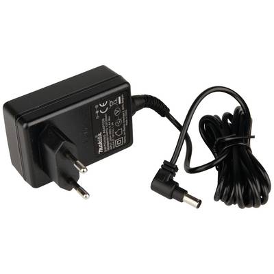 A black power adapter with a European plug and a long cable that can be connected to an end device.