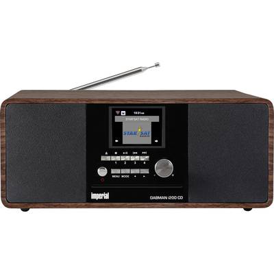 A wooden-framed table radio with display showing 'StarSat Radio' station, control buttons and antenna, model 'Imperial Dabman i200 CD'.
