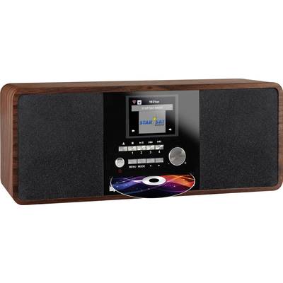 A retro radio with wooden design and built-in CD player, displaying 'Star Sat Radio' on the screen, with multiple control buttons on the front.