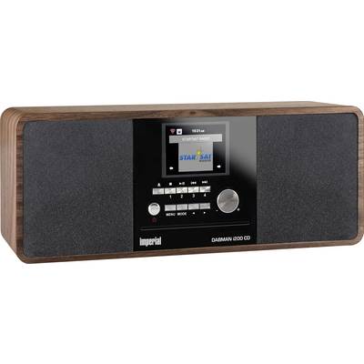 Wooden radio with a black front, display showing 'Star Sat Radio'. Control knobs and speakers visible.