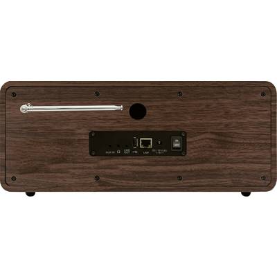 Wooden speaker back panel with telescopic antenna, connections for AUX, USB, LAN, DC 12V and power switch.