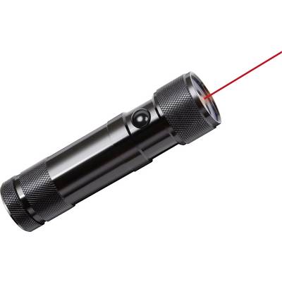Black flashlight with a red beam shining from the lens on a white background.
