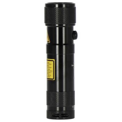 Black cylindrical flashlight with textured grip, side switch, and yellow warning labels on a white background.