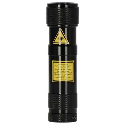 Black cylindrical laser device with warning triangle and yellow safety label, shown upright on a white background.