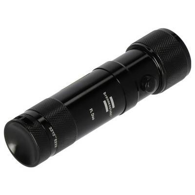 Black cylindrical flashlight with textured grip and end caps, shown diagonally on a white background.