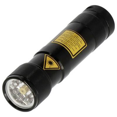Black cylindrical laser device with warning labels and a lens end, shown on a white background.<br>