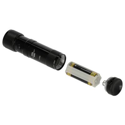 Disassembled black flashlight showing the body, battery holder, and end cap separated on a white background.