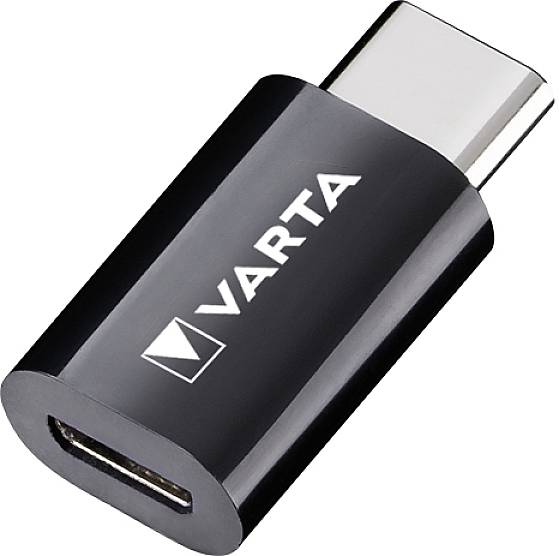USB-C adaptor from Varta in black with a glossy connection.