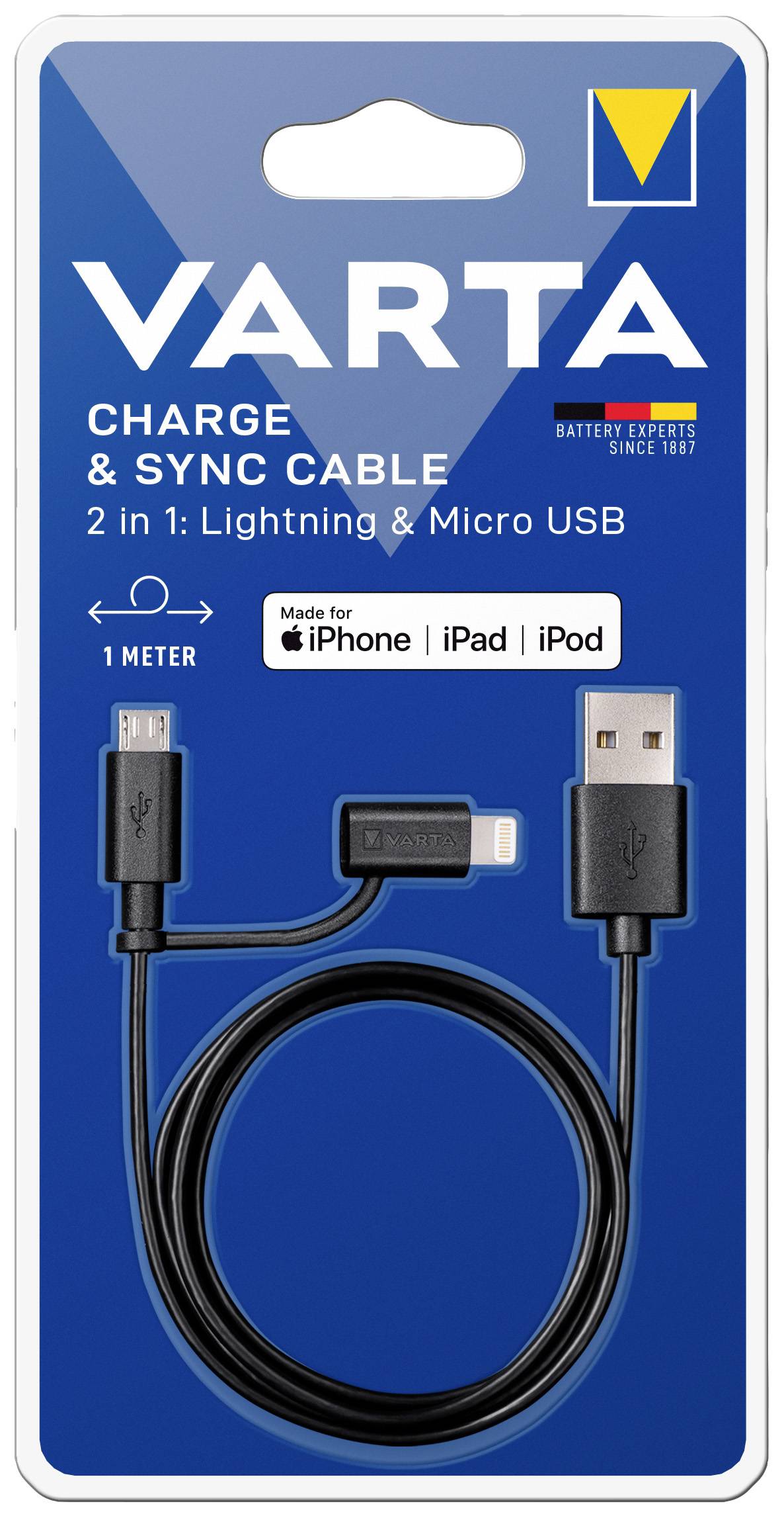 Varta USB cable USB-A plug, Apple Lightning plug, USB Micro-B plug 1.00 m 57943101401-1