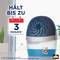 Dehumidifier with blue water in the container. Text: 'Lasts up to 3 months*'. Blurred plant in the background. Brand: Pattex.