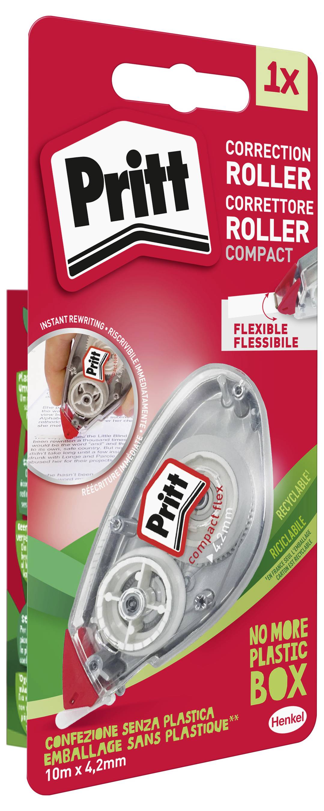 Pritt correction roller in eco-friendly packaging, highlighting 'no more plastic box' and 'flexible' design.