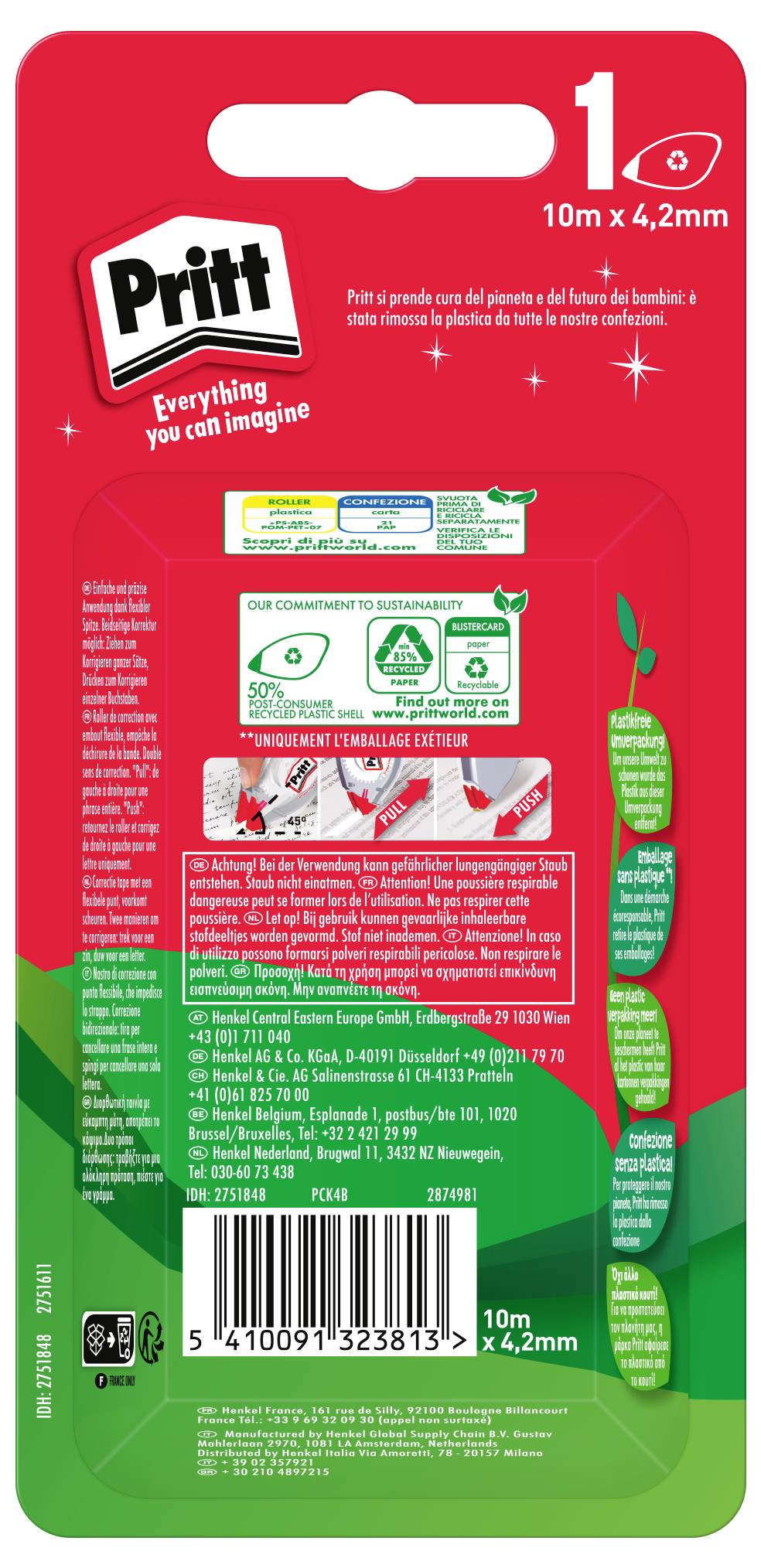 Packaging for Pritt correction tape. Red background with a tree design. Contains product details, instructions in multiple languages, and barcode.