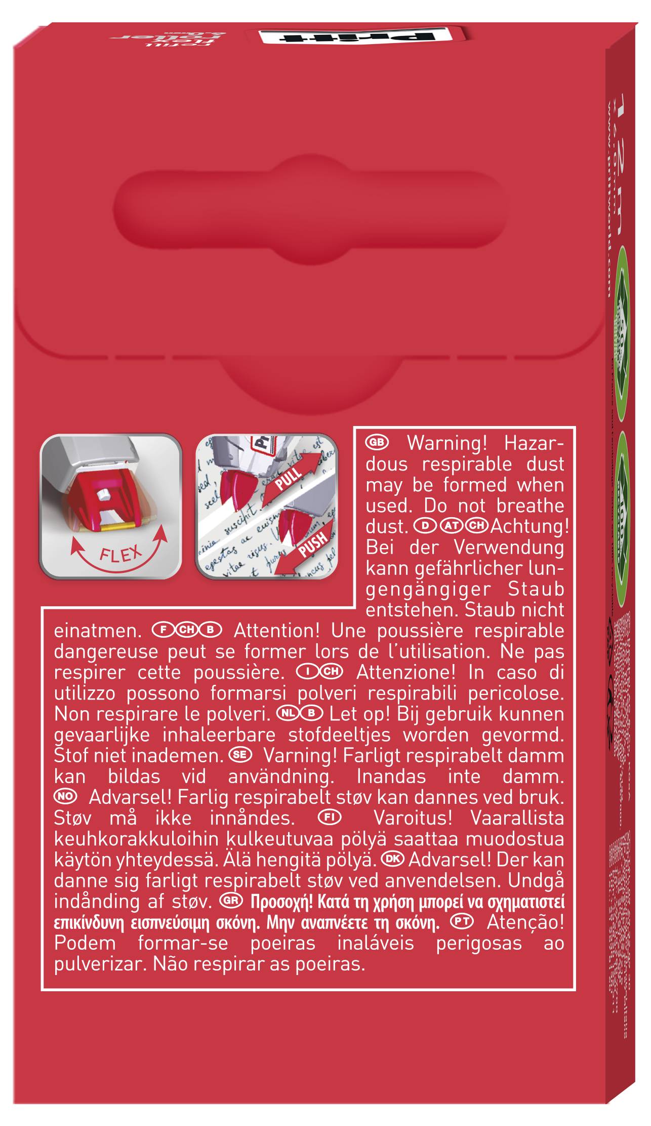 'Warning! Hazardous respirable dust.' The image is of a red product box with warnings in multiple languages about using a dust mask.