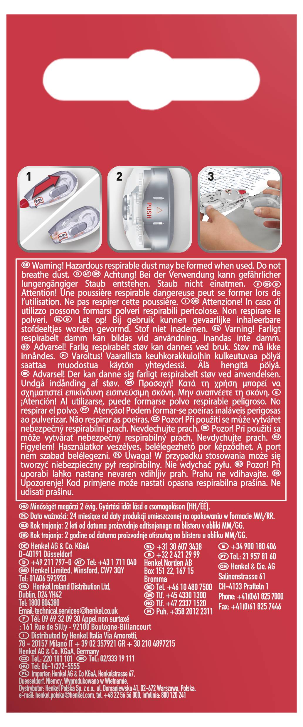 The image shows the back of a red package with instructions in multiple languages and images illustrating a three-step process. The steps involve filling, using, and maintaining a product. Warning and contact details are included.