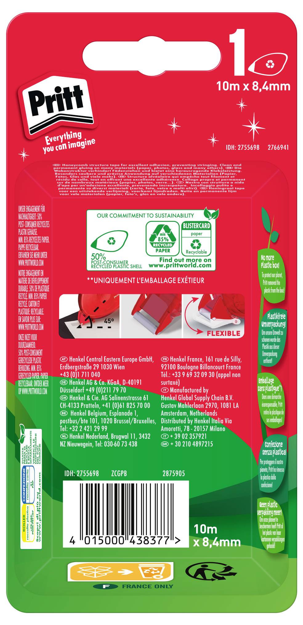 Back of a Pritt glue product packaging showing product details, sustainability commitment, usage instructions, and dimensions: 10m x 8.4mm.