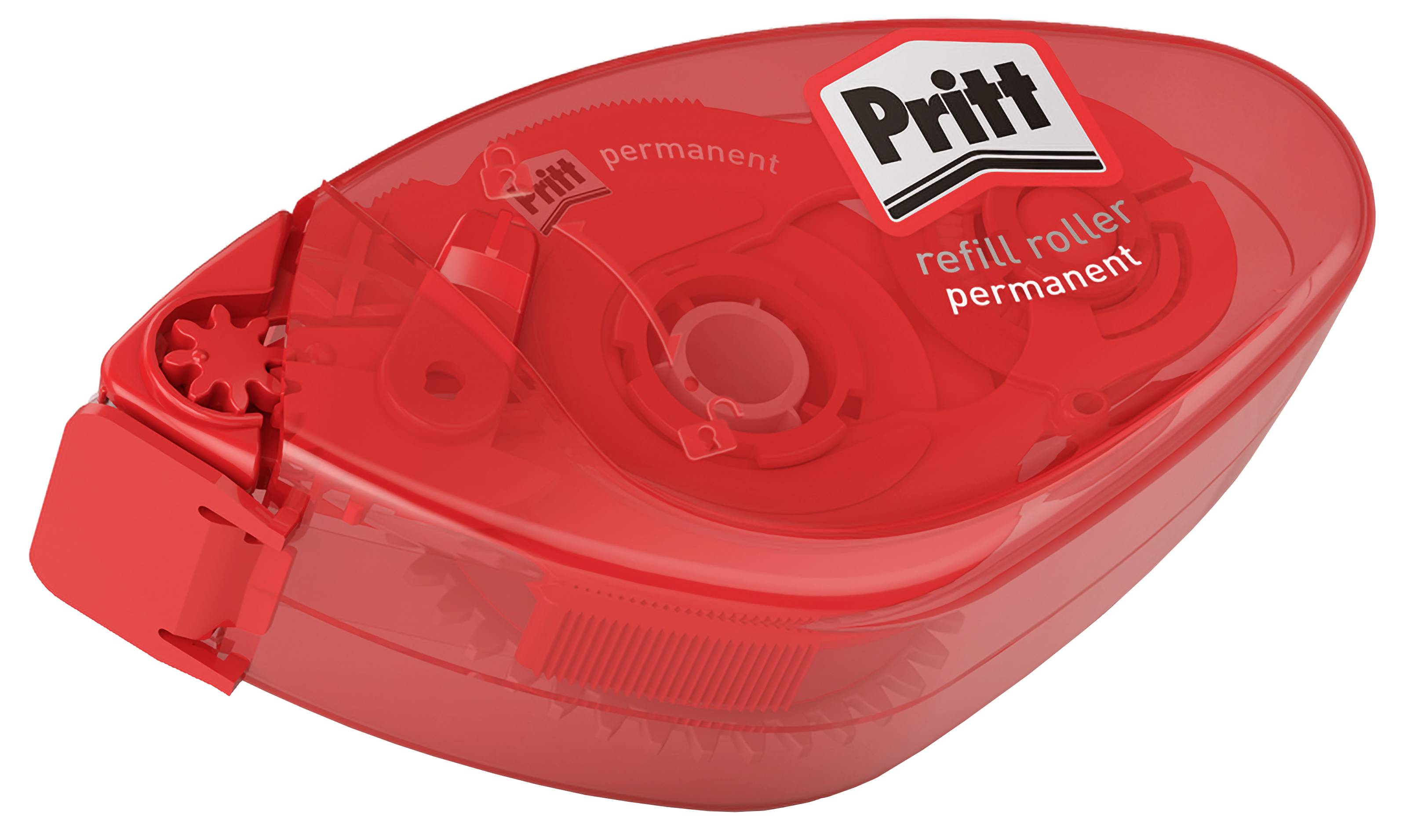 Red Pritt refill roller labeled 'permanent' for adhesive tape, featuring gears visible through a transparent case.