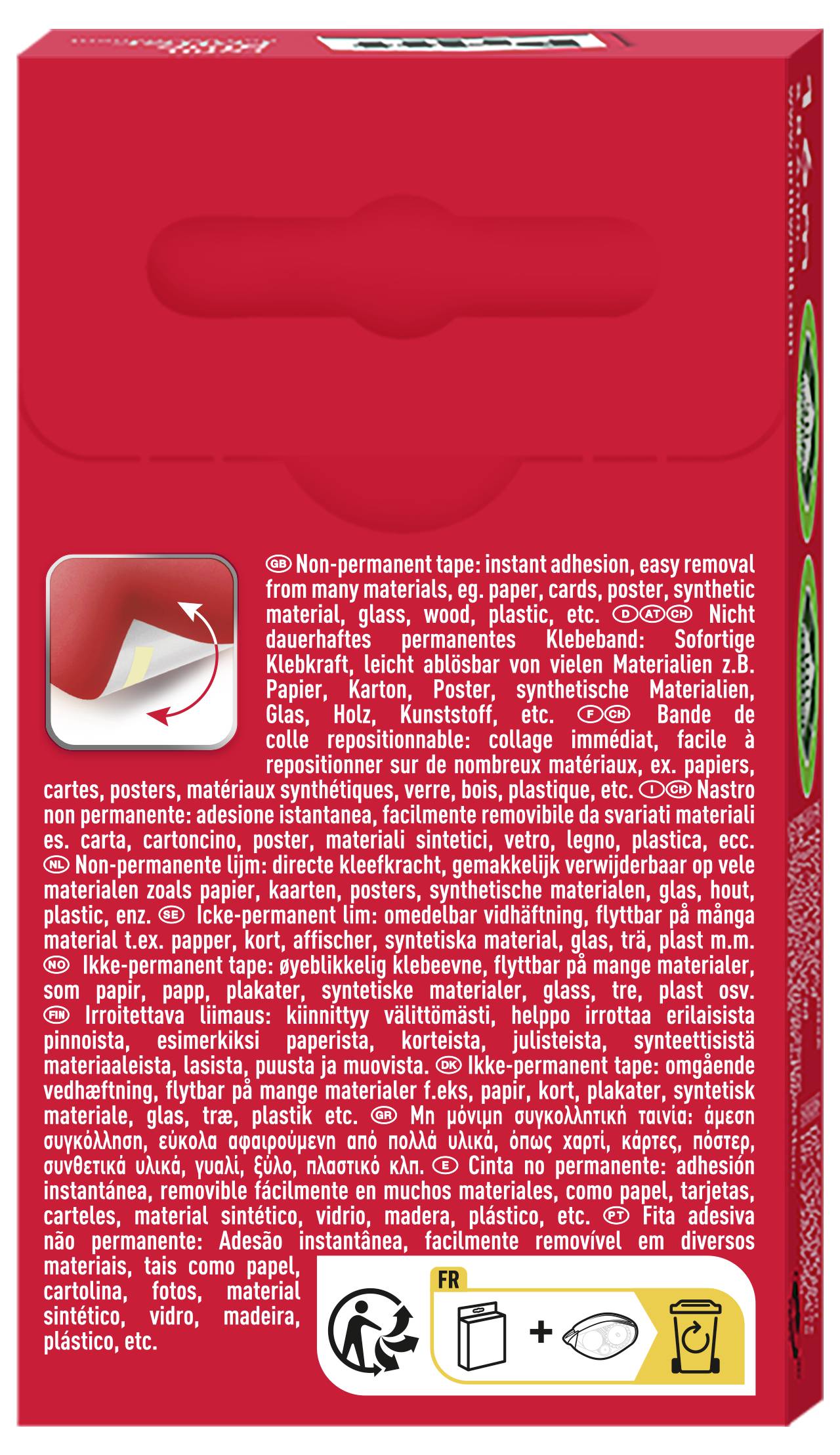 Red packaging with text detailing non-permanent tape's instant adhesion and removal from various materials. Depiction of peeling tape.