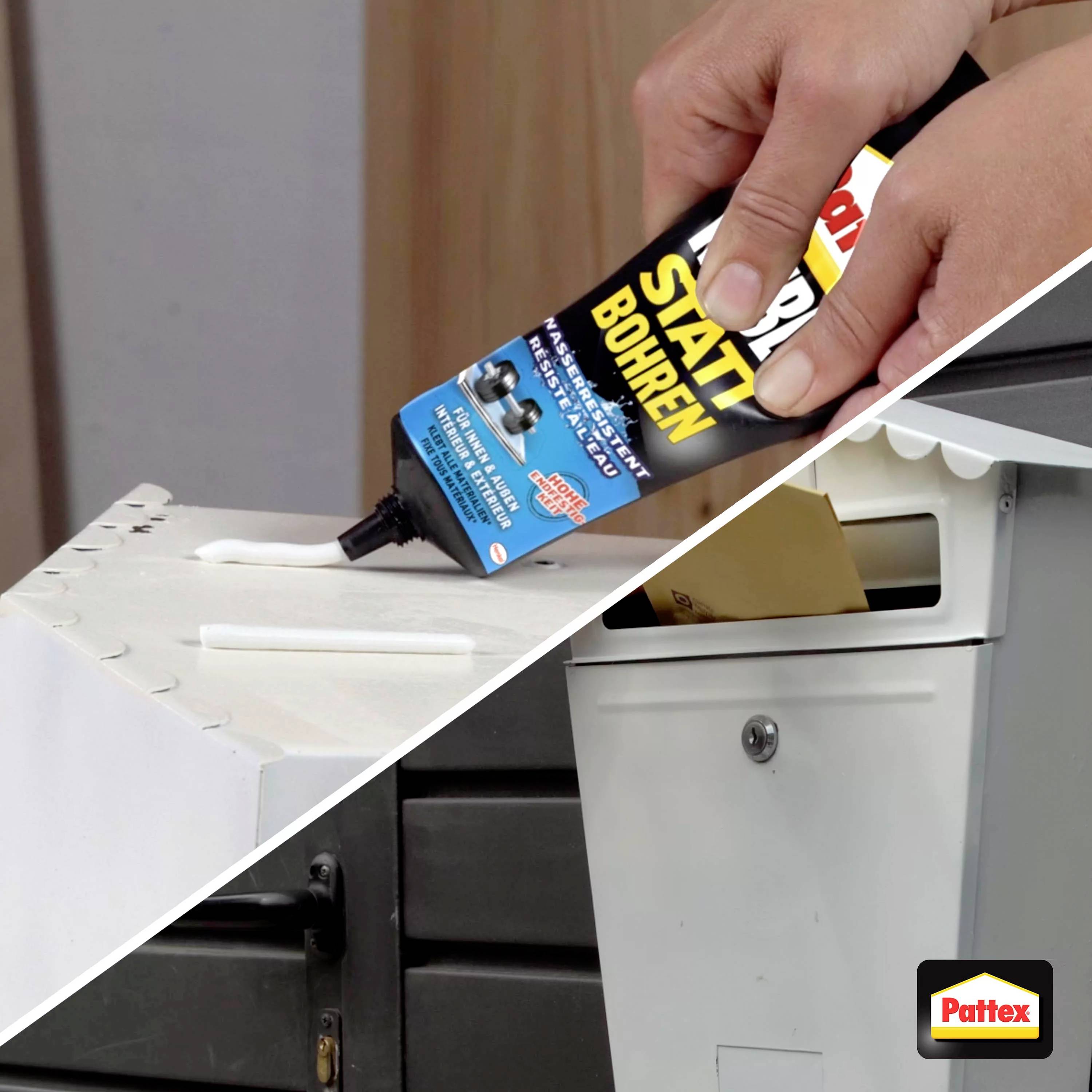 A hand is squeezing Pattex adhesive from a tube onto a white surface. A postbox is shown in the background.