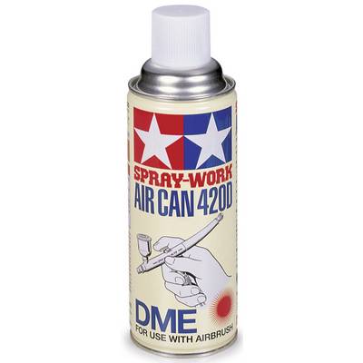 'Dose Spray-Work Air Can 420D' for airbrush applications, red and blue design with stars, sketch of a hand with an airbrush.