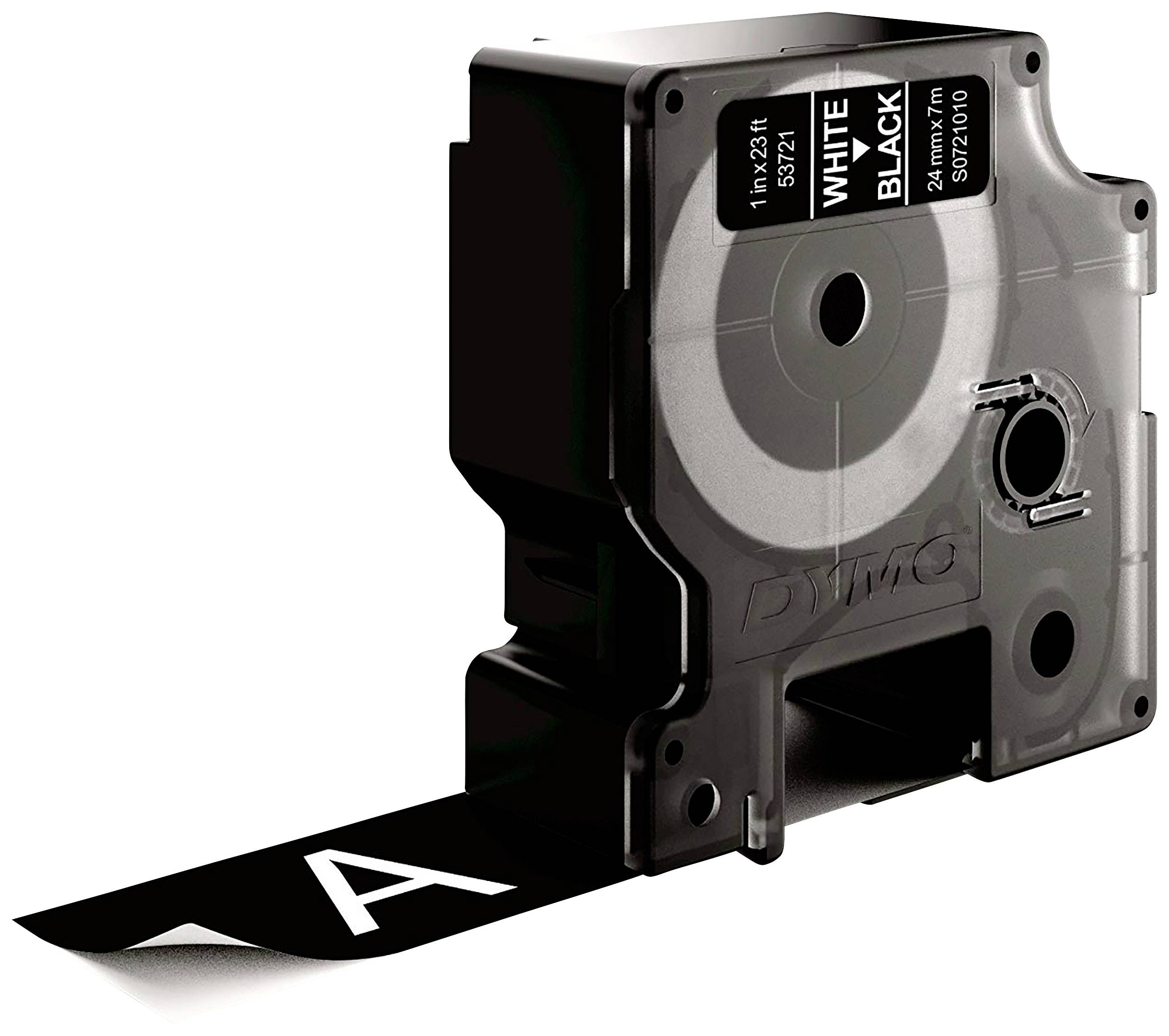 A black label cassette with the inscription 'WHITE BLACK'. A cut-out black label with a white letter 'A' is visible.