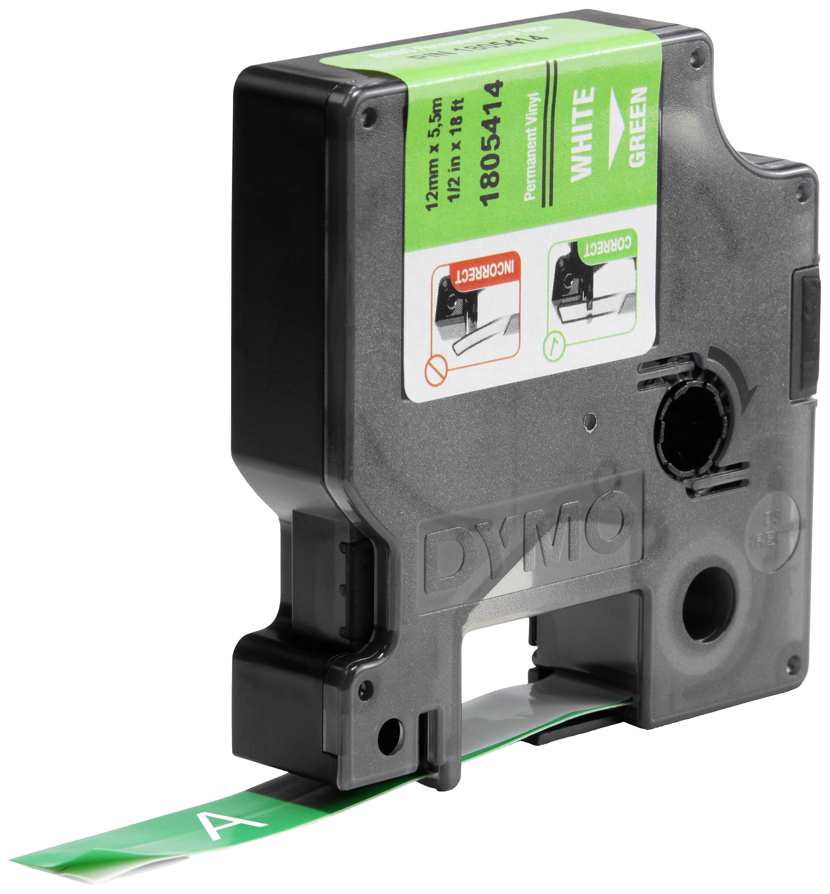 Black cartridge for a labelling device with green and white label roll, Dymo brand, model number 1805444.