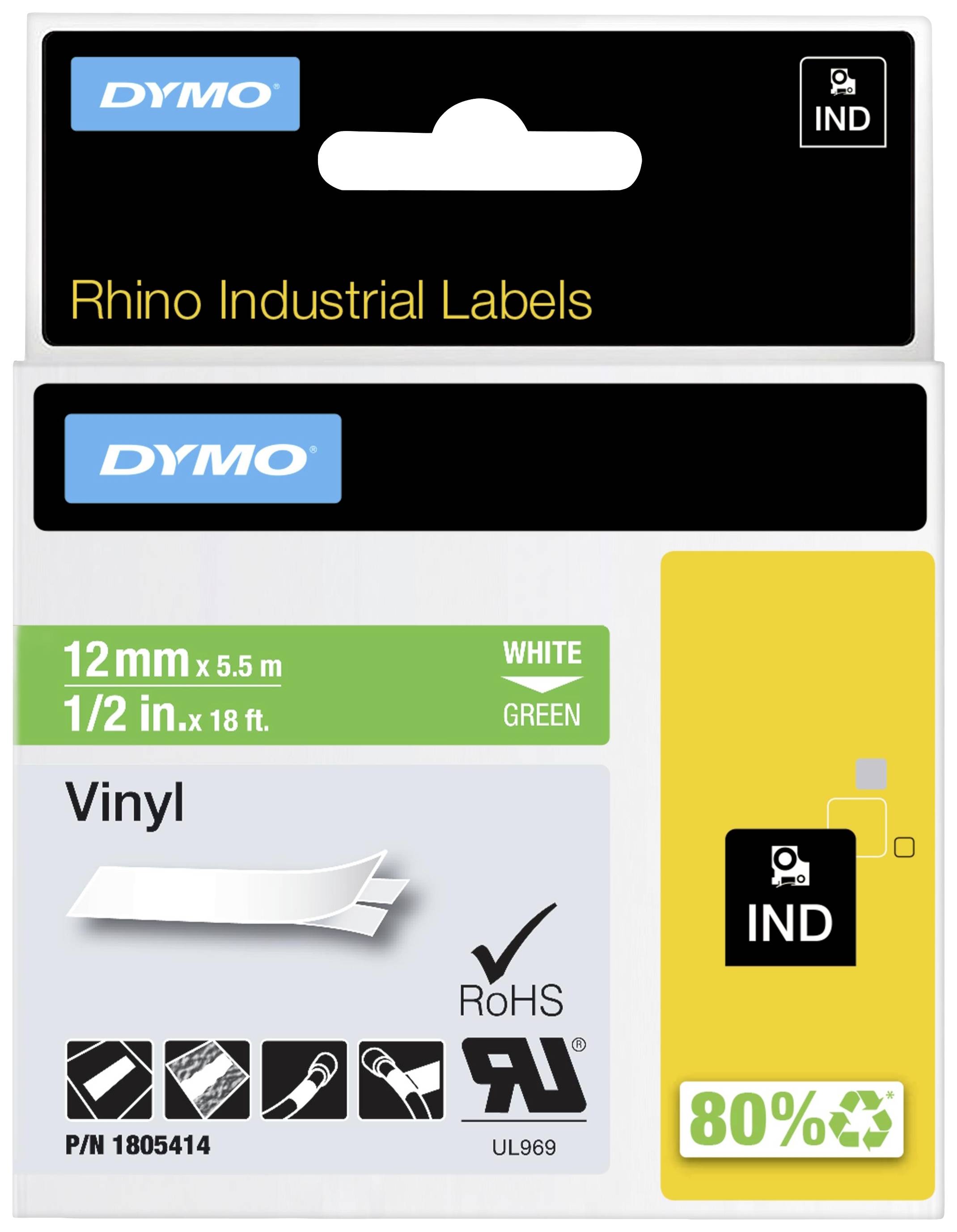 'DYMO' Packaging for Rhino Industrial Labels. White Vinyl Tape, 12mm x 5.5m. Includes Environmental and Safety Certifications.